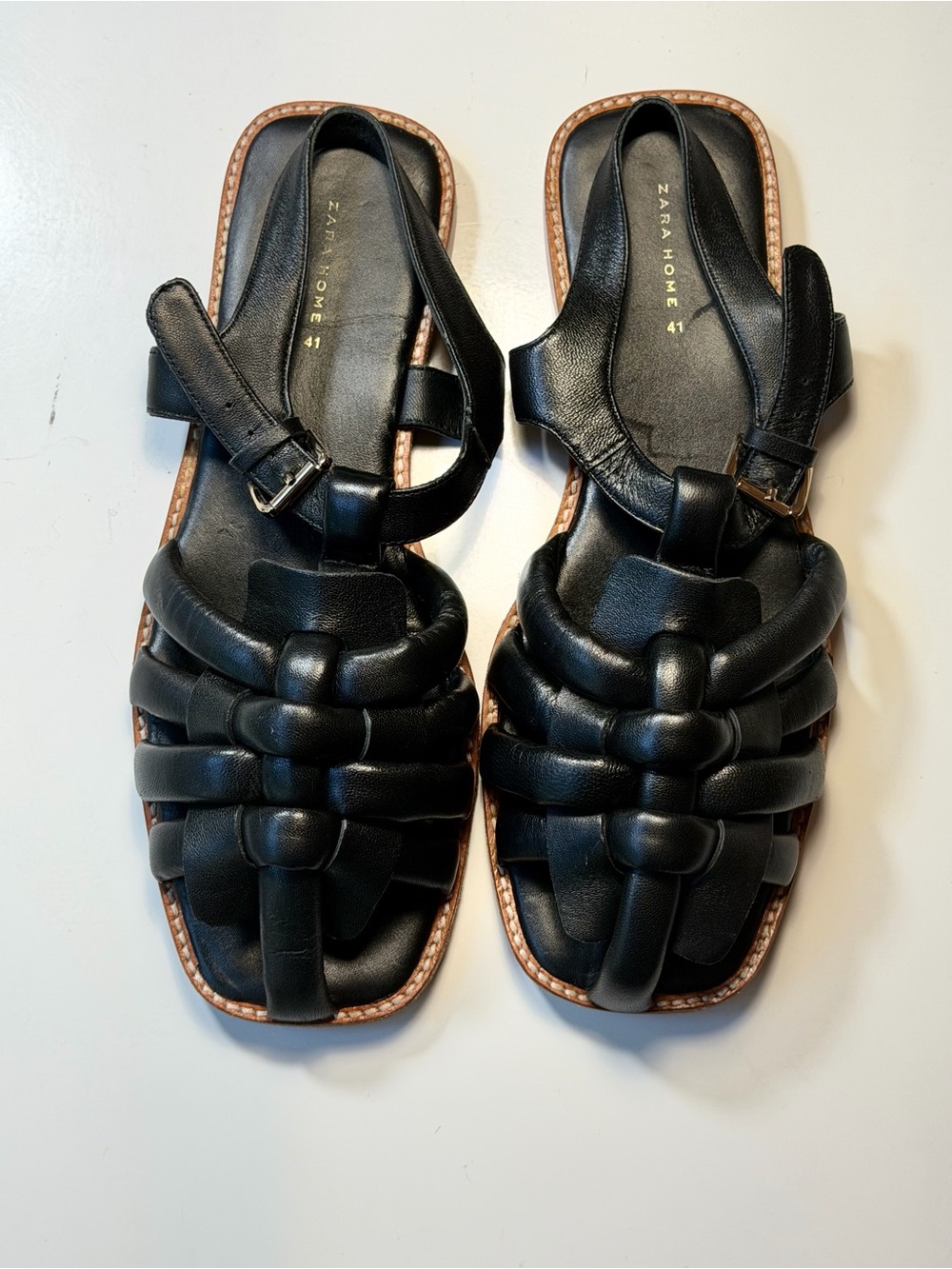 Zara Home Black Leather Cage Fisherman Sandals Size 41